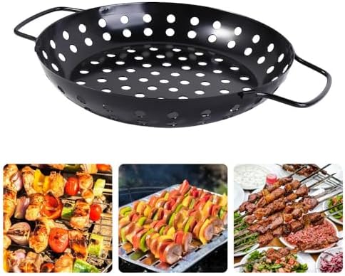 Round Grill Wok with Handle,Carbon Steel Grill Pan With Holes,Non-Stick Grilling Skillet,Round Grill Pan,Grill Basket For Seafood,Vegetable,Meat by Vctitil