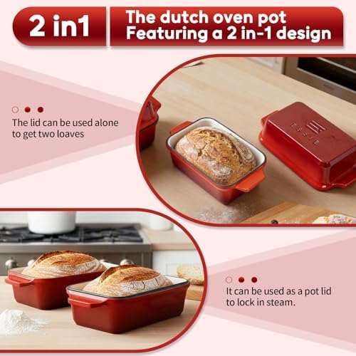 Enameled Cast Iron Dutch Oven for Sourdough Bread Baking, 9×5 Dutch Oven Pot with Lid, 2 in 1 Bread Pans with Lid for Baking, Roasting & Braising, Easy Release, Oven & Induction Safe (4.2 QT,Red) - Image 3
