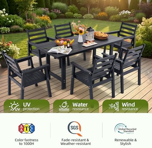12-Piece Outdoor Dining Set, All-Weather HDPE Patio Furniture, Two 66.5" Slatted Table with 1.6" Umbrella Hole & 10 Ergonomic Armchairs, Heavy Duty 350lbs Capacity, UV Resistant, Black - Image 5