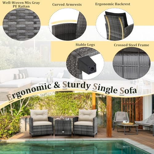RELAX4LIFE 3 Piece Patio Furniture Set, Wicker Bistro Conversation Set w/2 Cushioned Armchairs & Glass Topped Table, Outdoor Rattan Sofa Set Patio Furniture for Porch Balcony Poolside (Grey-White) - Image 5