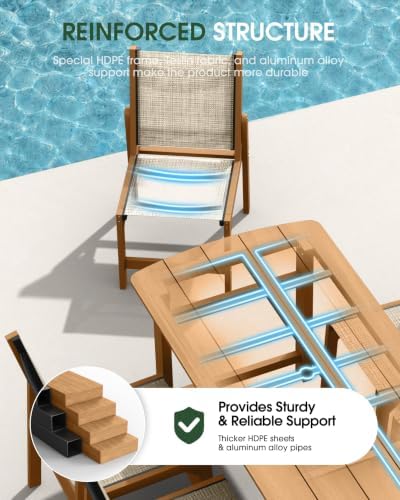 HDPE Outdoor Dining Set, Patio Table and 6 Stackable Armless Chairs, Teak - Image 6