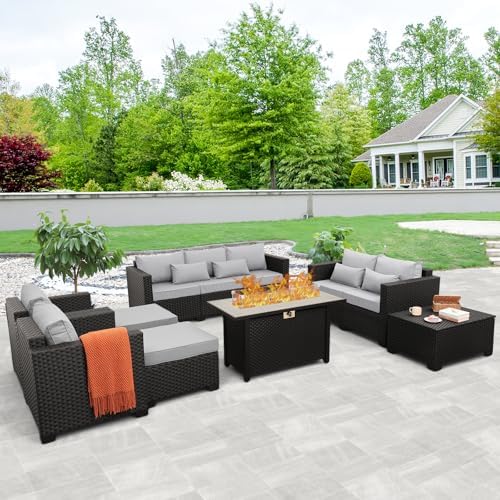 Rattaner 8 PCS Outdoor Furniture Sets 60000BTU 45-Inch Outdoor Propane Fire Pit Table Patio Furniture Set No-Slip Cushions and Waterproof Covers, Light Grey - Image 3