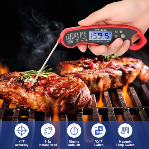 LONICERA Digital Meat Thermometer, 1-4 s Instant Read, Foldable Probe, Red - Image 2