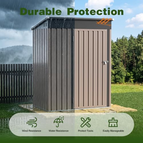 5 x 3 FT Outdoor Storage Shed, Waterproof Metal Garden Tool Shed with Sloped Roof, Lockable Door & Air Vents for Backyard Patio Lawn, Brown - Image 5