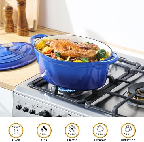 Velaze 7.5 QT Oval Enameled Cast Iron Dutch Oven Pot with Lid,Blue - Image 6