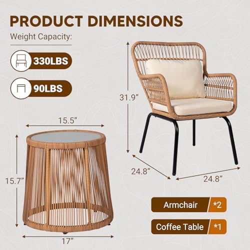 Tappio 3 Piece Outdoor Wicker Bistro Set, Patio Conversation Sets w/2 Large Rattan Chairs and Tempered Glass Table, Patio Furniture for Balcony, Porch, Poolside, Backyard, Beige - Image 5