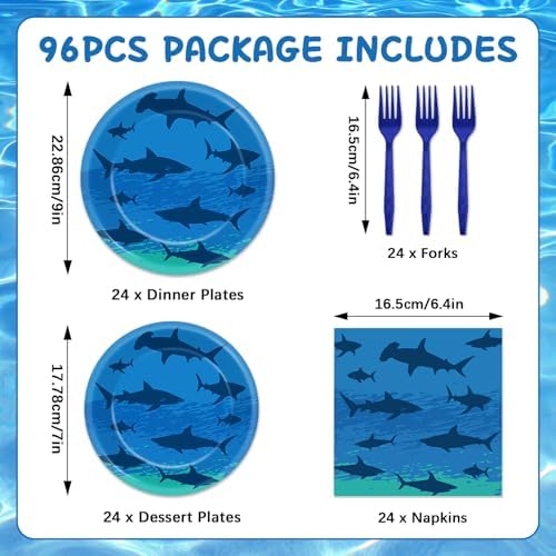 96PCS Shark Birthday Paper Plates Napkins Forks Set for Ocean Shark Themed Party Disposable Decor Under the Sea Party Tableware Sets for Baby Shower Ocean Animal Theme Party Decorations - Image 2