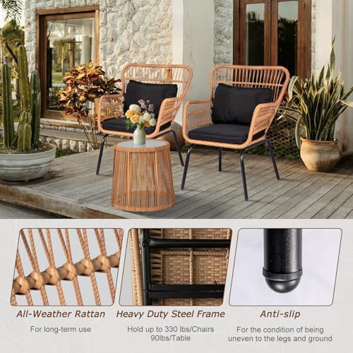 Tappio 3 Piece Outdoor Wicker Bistro Set, Patio Conversation Sets w/2 Large Rattan Chairs and Tempered Glass Table, Patio Furniture for Balcony, Porch, Poolside, Backyard, Black - Image 4