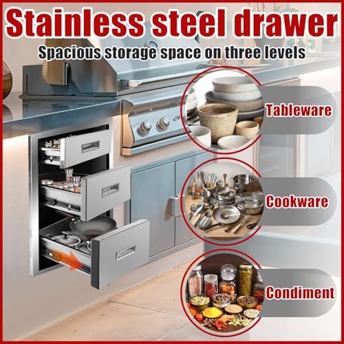 Outdoor Kitchen Triple Layer Drawer 14'' W x 20.3'' H x 23'' D Flush Mount BBQ Access Drawers Stainless Steel BBQ Island Drawers with Handle Suitable for Outdoor Kitchen Island Grill Station - Image 5