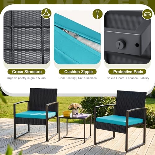 Flamaker 3 Pieces Patio Furniture Set Outdoor Wicker Bistro Chair (Blue) - Image 5