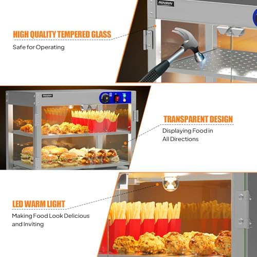 ROVSUN 2-Tier Food Warmer Pizza Warmer, Commercial Food Warmer Display with LED Lighting Removable Shelves Glass Door, Electric Countertop Food Warmer for Buffet Restaurant 110V 800W - Image 5