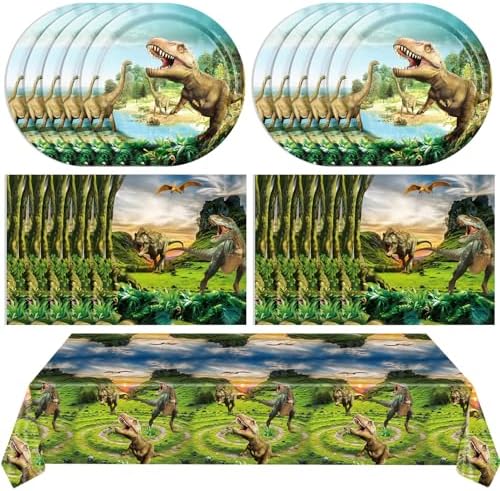 41Pcs Dinosaur Birthday Party Decorations,Dino Party Decorations Tableware Set Jurassic Dinosaur Paper Plates Napkins Tablecloth丨Boys Kids Baby Shower Jurassic Theme Birthday Party Decor,Serve 20 by Mainivo