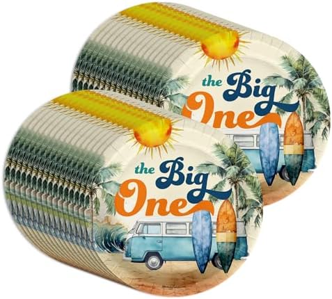 The Big One Surfer First Birthday - 32 Piece Disposable Party Supplies - Decorations for Surfing 1st Birthday Round Party Plates - Large 9" Paper Plates In Bulk - Image 5