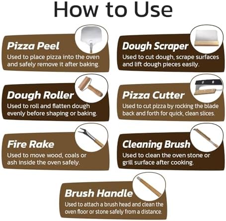 Outdoor Pizza Oven Accessories Kit, 6 Peices Pizza Set for Adults Includes Round Pizza Peeler, Oven Brush, Bubble Popper Turner, Rocker Cutter, Dough Roller & Scraper - Image 4