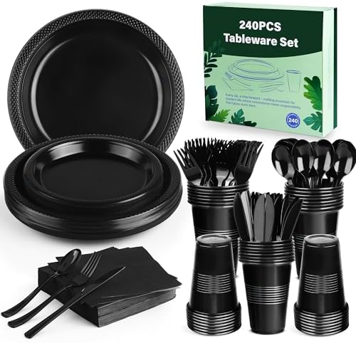 Kochorie 240 Pieces Black Plastic Dinnerware Set for 30 Guests Disposable Heavy Duty Plates Napkins Cups and Silverware Dessert Dinner Plates for Birthday Wedding Halloween Party Supplies - Image 4