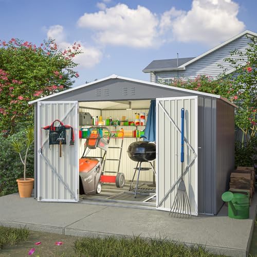 YOPTO 10X8 FT Outdoor Storage Shed,Metal Shed W/Floor Frame,Garden Tool House W/Lockable Hinged Door,Air Vents & Sloped Roof,for Backyard Patio Lawn,Gray - Image 2