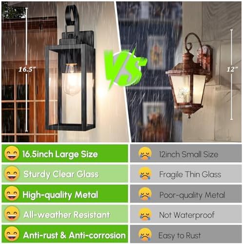 BesLowe 16.5" Large Outdoor Wall Light Fixture, Modern Porch Sconce, Black - Image 3