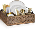 Ukonvi Flatware Organizers Paper Plate Dispenser with Handles, Paper Plate Holder for Kitchen Counter, Wood Rustic Silverware Utensil Caddy, Brown by Ukonvi