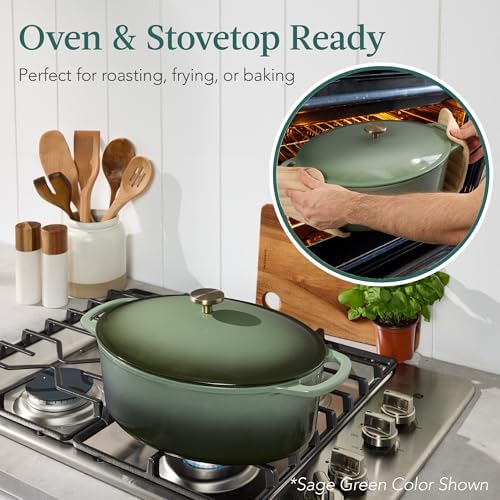Best Choice Products Oval 7.5 Quart Enamel Cast-Iron Dutch Oven, Heavy-Duty Pre-Seasoned for Baking, Cooking w/Side Handles – Deep Olive Green - Image 4