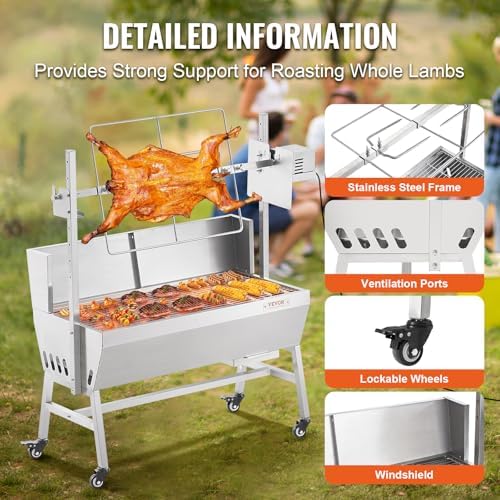 VEVOR Rotisserie Grill with Windscreen, BBQ Whole Pig Lamb Goat Charcoal Spit Grill, 35 Inch 90 Lbs Capacity, Electric 42W Motor Stainless Steel Roaster with Lockable Wheels, for Camping Outdoor - Image 6