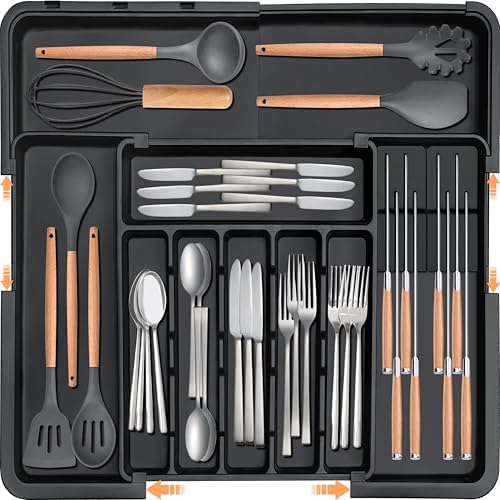 Homecor Silverware Organizer - Expandable Large Kitchen Drawer Organizer Utensil Organizer with 2 Removable Knife Blocks, 22"x 19"Cutlery Tray Drawer Dividers for Kitchen Flatware(6-9 Slots) (Black) by HOMECOR