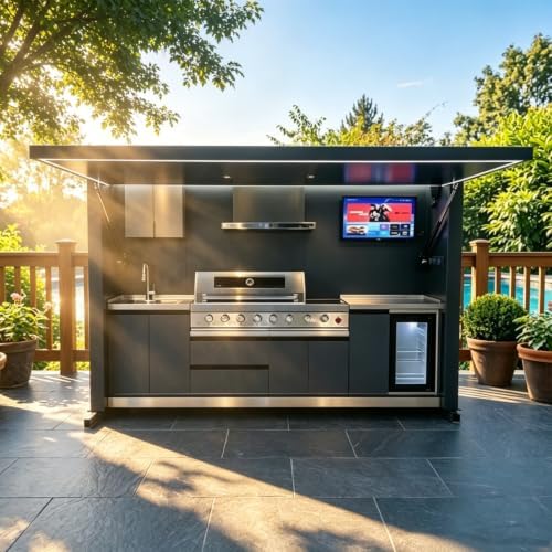 Outdoor Kitchen Pod with Built-in BBQ Grill and Storage Stainless Steel Cooking Station Prefabricated Cooking Set All-Weather Portable Garden Shed for Backyard Parties and Garden Entertaining - Image 3