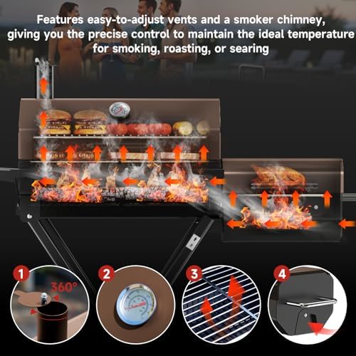 Portable Charcoal Grill with Smoking Function, Foldable Suitcase Design with Wheels, Multi-Tier Storage Rack & Waterproof Cover for Outdoor BBQ Parties (Khaki) - Image 2