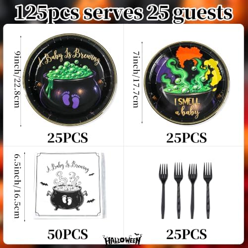 125Pcs Halloween Baby Shower Tableware, A Baby is Brewing Paper Plates Napkins Forks|Spooky Cauldron & Footprint Design, for Halloween Gender Reveal Bash Celebration - Image 2