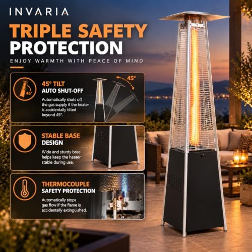 INVARIA Pyramid Patio Heater, 48,000 BTU Propane Outdoor Heater with Glass Tube Flame, ETL Certified, Triple Safety Protection, Wheels & Cover Included for Patio Backyard Poolside (Black) - Image 5
