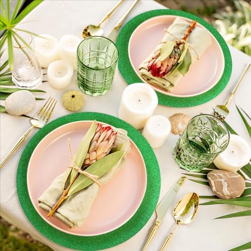 50 PCS Green Round Paper Charger Placemats 13x13Inch Glitter Disposable Table Doilies Table Mats Decor for St. Patrick's Day Mardi Gras Tropical Summer Birthday Dinner Party Table Setting - Image 6
