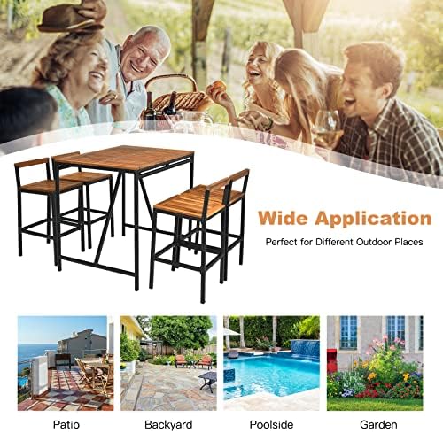 HAPPYGRILL 5 Pieces Patio Bar Table Set with Umbrella Hole Acacia Wood High-Dining Bistro Set with 4 Bar Stool, PE Wicker Outdoor Bar Set - Image 5