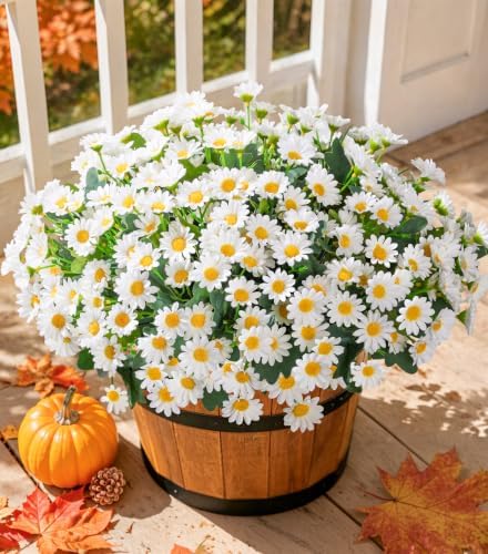 Daisy Artificial Flowers for Outdoors Autumn Fall Decoration, 6 Bundles Fake Mums White Silk Flowers for Outside Look Real UV Resistant Faux Flowers Plants for Planter Front Door Home Indoor Porch Urn by INSPRING