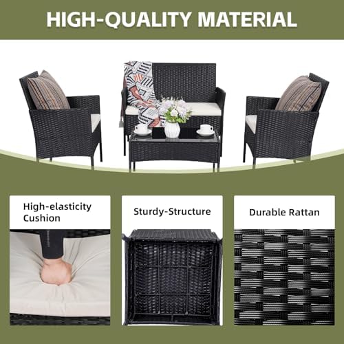 Patio Furniture Set 4 Pieces Conversation Sets Outdoor Wicker Rattan Chairs Garden Backyard Balcony Porch Poolside Loveseat with Soft Cushion and Tempered Glass Table(Black) - Image 4