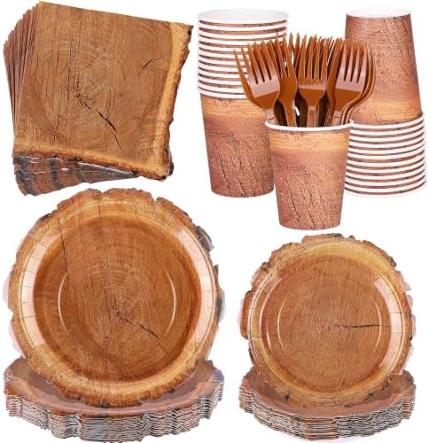Kochorie 144 Pieces Camping Wood Grain Slice Tableware Sets Rustic Wood Party Decorations Paper Plates Napkins Cups Forks Serves 24 for Forest Themed Party Decorations Hunting Birthday Supplies by Kochorie