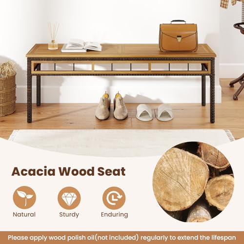 Tangkula 3 Pieces Wood Patio Dining Set, Outdoor PE Wicker Rectangular Acacia Wood Table and 2 Cushioned Benches with 1.97” Umbrella Hole, Outside Furniture Set for Deck, Garden and Backyard - Image 5
