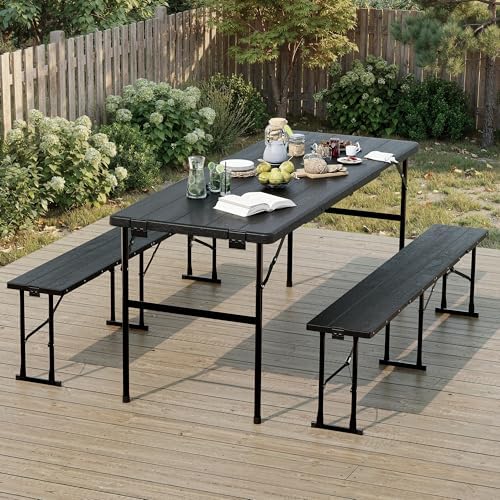 Polar Aurora Picnic Table Set with 2 Benches, 6 Feet Folding Camping Table Chair Set, Portable 3-Piece Outdoor Furniture with Wood Grain Top for Party, Picnic, Camping, Wedding (Black) by PolarAurora