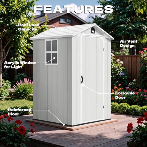 Devoko 4×4 FT Resin Outdoor Storage Sheds with Floor, Light Gray - Image 4