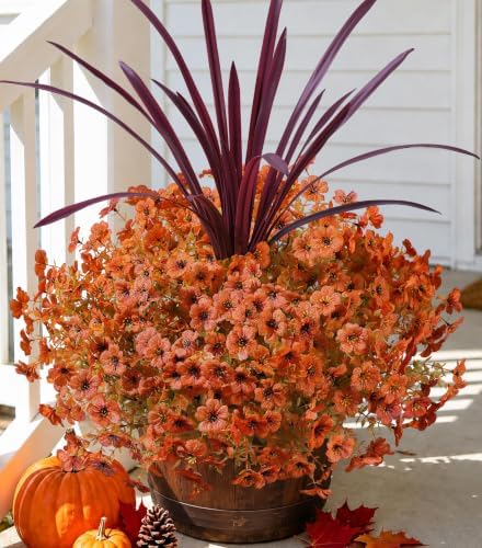 Fall Flowers Artificial Mums for Outdoors Autumn Decor, 12 Bundles Orange Fake Fall Mums with 1 pcs Burgundy Orchid Leaf UV Resistant Look Real Faux Flowers for Outside Planter Home Porch Patio Yard by florisso