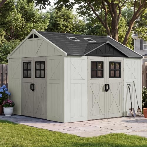 Patiowell 10x10 FT Resin Outdoor Storage Shed with Floor & 3 Lockable Doors - Image 5