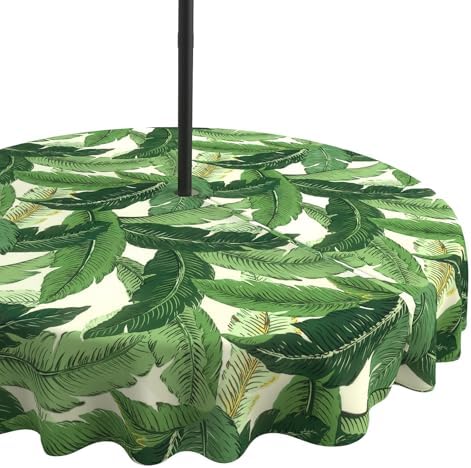 LVTXIII Round Outdoor Tablecloth with Umbrella Hole and Zipper, Water-Repellent 60 Inch Patio Table Cover for Bistro, Garden, Patio & Picnic, Swaying Palms Green by LVTXIII