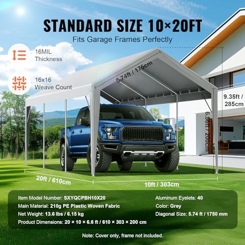 VEVOR Carport Replacement Canopy Cover 10 x 20 ft, Garage Top Tent Shelter Tarp Heavy-Duty Waterproof & UV Protected, Easy Installation with Ball Bungees,Grey (Only Top Cover, Frame Not Include) - Image 4