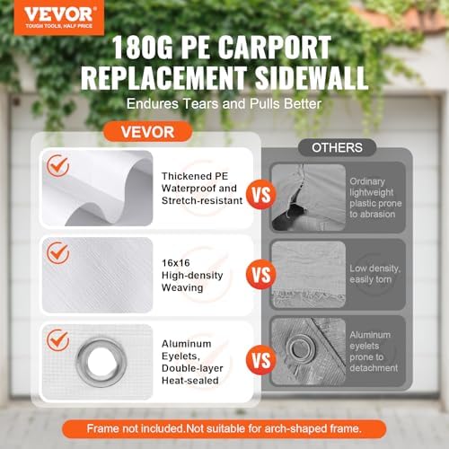 VEVOR Carport Replacement Canopy Cover Side Wall 10 x 20 ft, Garage Tent Shelter Tarp Heavy-Duty Waterproof & UV Protected, Easy Installation with Ball Bungees,White (Top and Frame Not Included) - Image 2