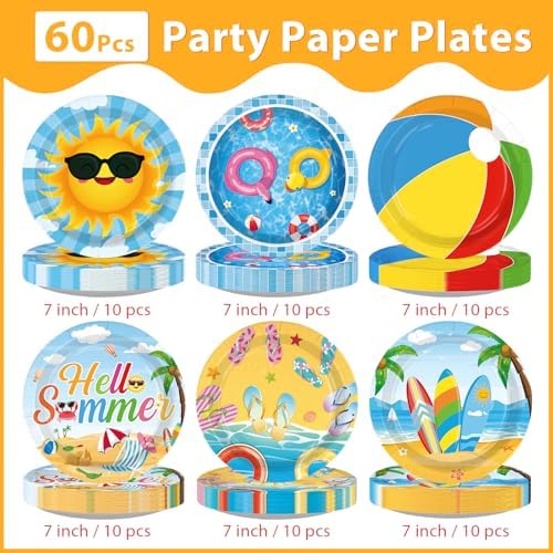 60 Pcs Beach Pool Party Paper Plate 7" Heavy Duty for Summer - Image 2