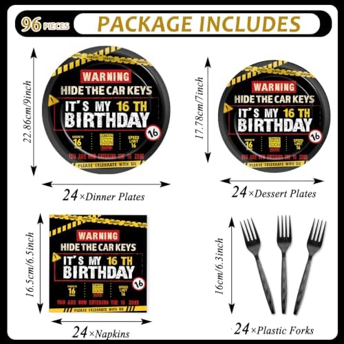 96 PCS Caution Logos 16th Birthday Party Paper Plates and Napkins 16 Years Old Party Decor Warning Sign Themed Teens 16th Dinnerware for Boys Girls 16 Years Old Birthday Gatherings Decorations - Image 2