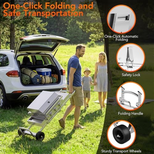 Heavy-Duty 3-Burner Propane Gas Griddle, Portable Griddle with Collapsible Stand, Full Stainless Steel Construction, 24,000 BTU Flat Top Gas Grill Griddle for Camping, Tailgating, Backyard & Patio - Image 3
