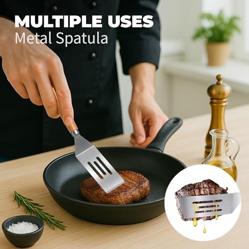 Stainless Steel Mini Spatula,Wooden Handle Small Spatula for Steak,Burger - Image 5