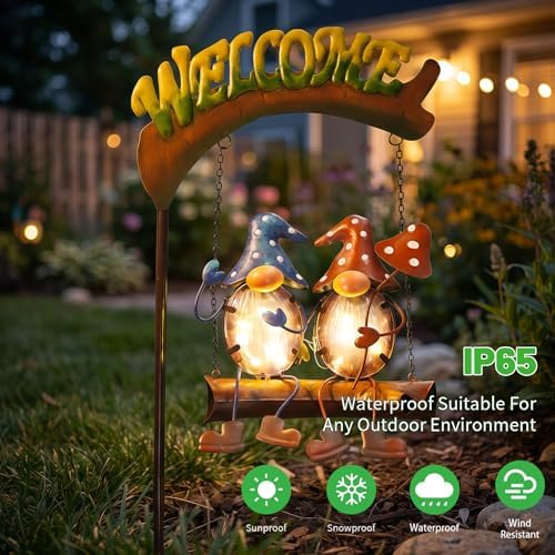 HONGLAND Gnomes Garden Decor Solar Lights, 48 Inch Welcome Sign Swing Christmas Yard Decorations Outdoor Decorative Stake for Lawn Porch Backyard Patio, Gnome Gardening Gifts for Women Mom - Image 5