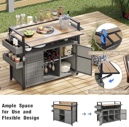 LUMISOL LUMISOLOutdoor Grill Cart with Extended Table Top, Outdoor Wicker Storage Cabinet with Storage Cabinet, 52.8" W Kitchen Island on Wheels for Backyard Garden, Double Handle, Grey - Image 5