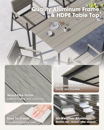 Outdoor Dining Table, Aluminum Patio HDPS Outdooor Table with Umbrella Hole, All Weather Patio Furniture Set, Patio Dining Table ((Classic Gray) - Image 5