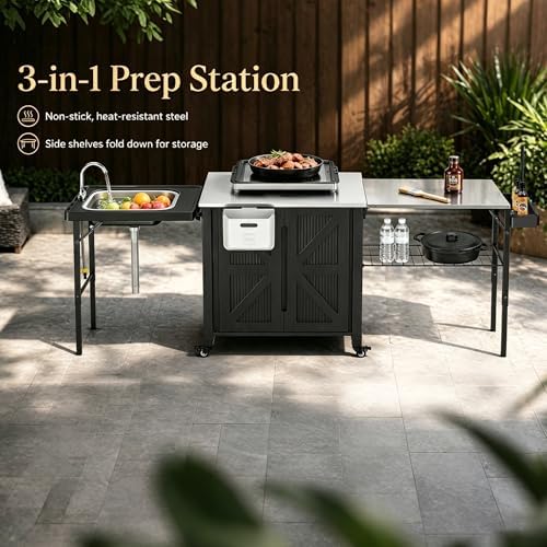 Outdoor Grill Cart with Storage Cabinet, 3-in-1 Movable Kitchen Island Cart, Outdoor Grill Cooking Station with Stainless Steel Countertop&Rolling Wheels&Folding Side Tables for Backyard Patio - Image 3